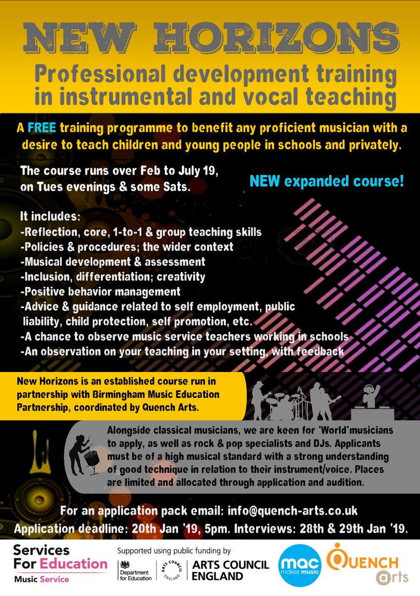 Are you a proficient musician with a great desire to teach young people? If so, New Horizons is the course for you! This is a FREE training programme starting next Feb in partnership with @BhamMEP and coordinated by @Quench_Arts Please see the flyer for more information