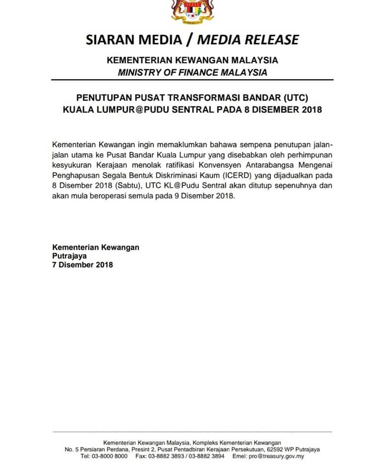 Berita Rtm On Twitter 7 Dis Penutupan Pusat Transformasi Bandar Utc Kuala Lumpur Pudu Sentral Pada 8 Disember 2018 Berikutan Perhimpunan Icerd Mofmalaysia Https T Co A8xervn4pp Https T Co Numhmzshtm Twitter
