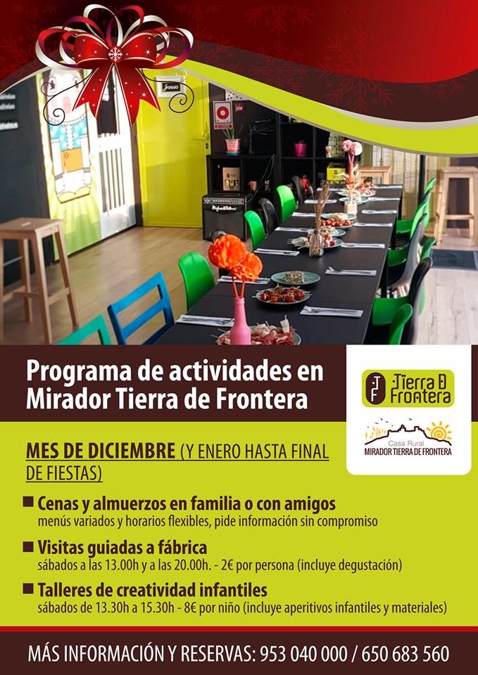 Losa sábados de Diciembre tienes una cita en #MiradordeFrontera #AlcalálaReal

✔ Visitas a la fábrica con degustación 2 € a las 13.00 h y 20.00 h
✔ Talleres de creatividad infantil 8 € de 13.30 a 15.30 h incluye aperitivos y materiales. 
tierradefrontera.es/eventos-y-reun…