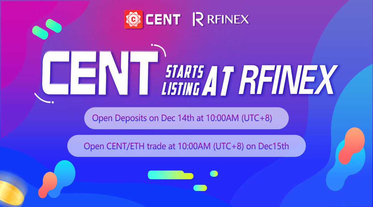 Rfinex_Exchange's tweet photo. #RFinex has listed #CENT 🎉
Open Deposit - December 14th
CENT/ETH trading pair - December 15th
Visit: https://t.co/AEdJn0fYVo https://t.co/ndEnv0gAxR