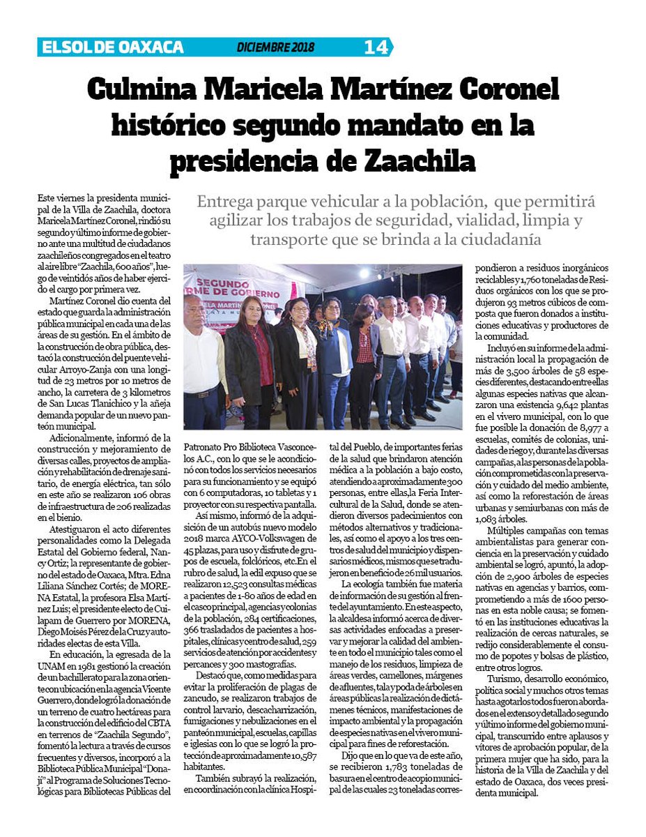 VicManOaxaca's tweet photo. #ElSoldeOaxaca #MesDiciembre #Num278 #AñoXV #Pag14
- Culmina @MaricelaMtz2017 historico segundo mandato en la presidencia de Zaachila. https://t.co/SR726Tr1tn