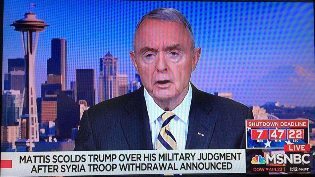 🔥Gen <a href="/mccaffreyr3/">Barry R McCaffrey</a> says it: Trump is a rogue president. He came in w/ no experience, relies on daughter &amp; son-in-law for foreign policy. He loves Kim jung-Un. He is erratic and incompetent. We have an incoherent government. Never before has a Secy of Defense resigned in protest.
