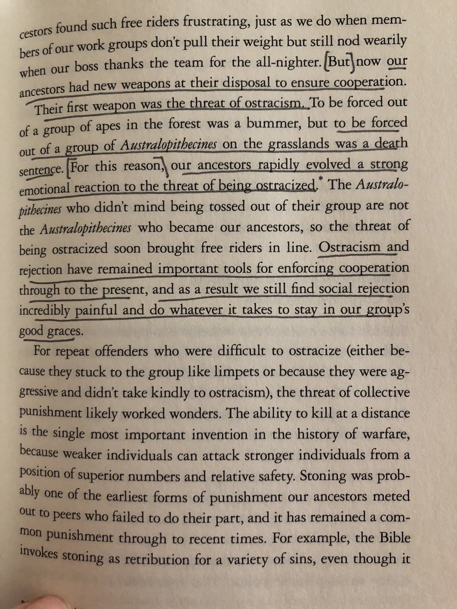 “To be forced out of a group on the grasslands was a death sentence. For this reason, our ancestors rapidly evolved a strong emotional reaction to the threat of being ostracized.”