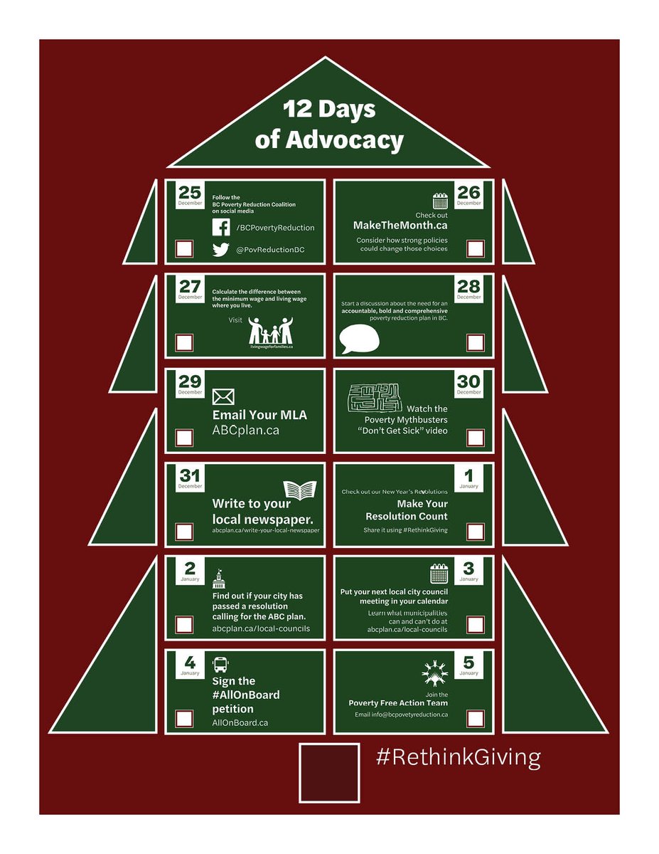 PovFreeTeam's tweet photo. We created a calendar with an action you can take take every day to take action against poverty in our province. Starting on Christmas Day, print it out and check the box each day or follow @PovReductionBC and #RethinkGiving for the latest updates! https://t.co/lK3plGmP5M https://t.co/tlfjalDV48