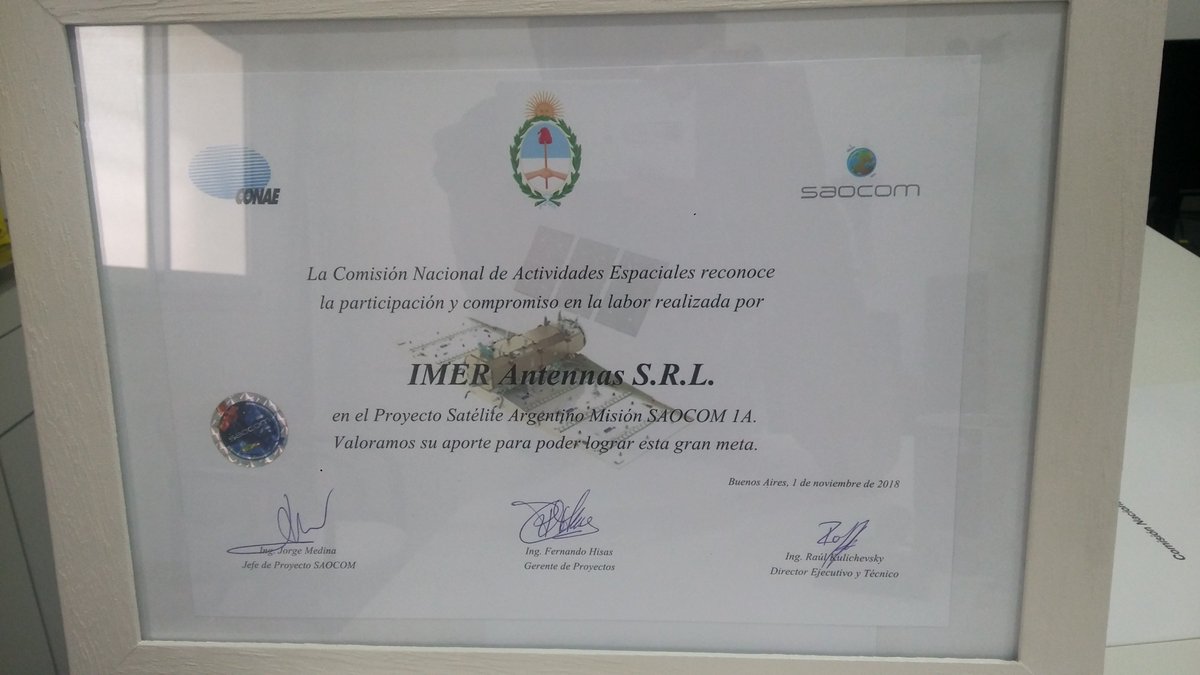 Agradecemos a <a href="/CONAE_Oficial/">CONAE</a>  por el reconocimiento en la labor realizada por <a href="/ImerAntennas/">imer-antennas</a> en el proyecto SAOCOM1A