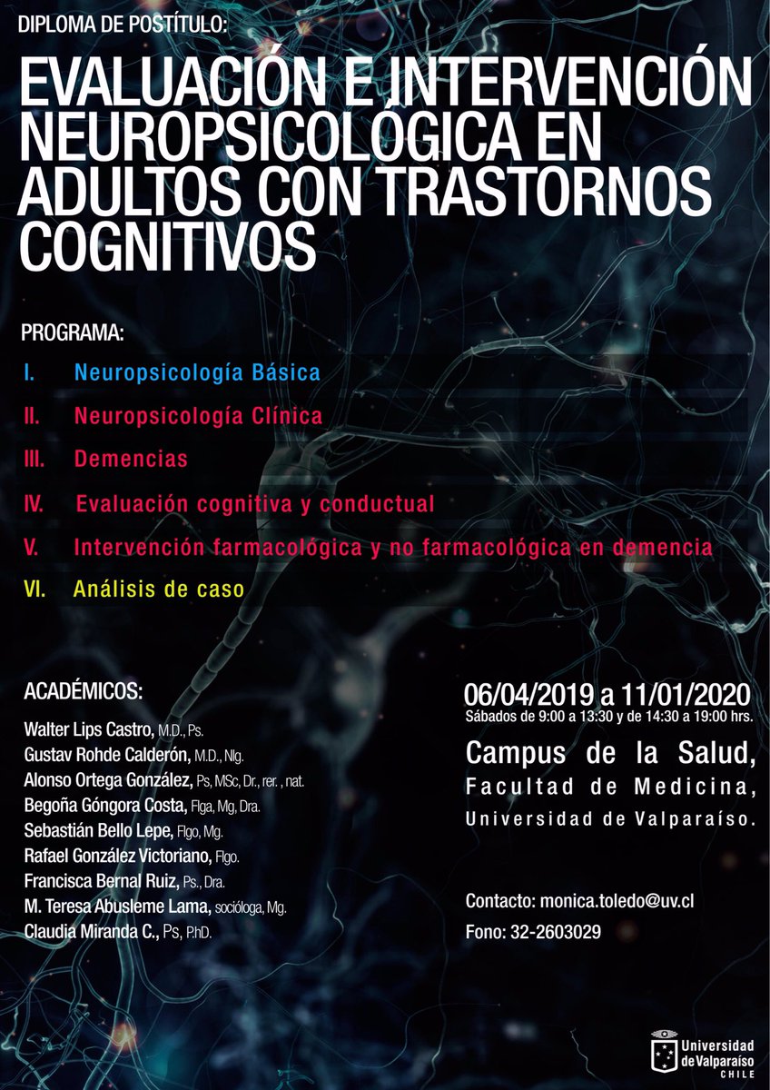 Fonoaudiología UV (@fonoudevalpo) on Twitter photo Atención! Segunda Versión de Diploma de Postítulo: Evaluación e Intervención Neuropsicológica en Adultos con Trastornos Cognitivos. Información sobre proceso de matrícula y valores a monica.toledo@uv.cl Atención! Segunda Versión de Diploma de Postítulo: Evaluación e Intervención Neuropsicológica en Adultos con Trastornos Cognitivos. Información sobre proceso de matrícula y valores a monica.toledo@uv.cl