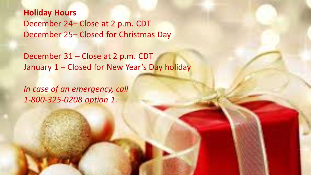 DaffronAssoc's tweet image. Daffron Holiday Hours
December 24– Close at 2 p.m. CDT
December 25– Closed for Christmas Day
 
December 31 – Close at 2 p.m. CDT
January 1 – Closed for New Year’s Day holiday
In case of an emergency, call 
1-800-325-0208 option 1.