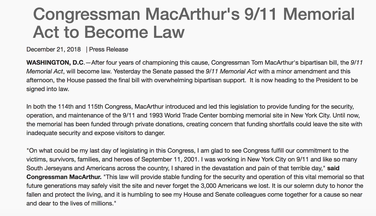 I'm glad to see Congress fulfill our commitment to the victims, survivors, families, and heroes of 9/11. This law will provide funding for the security and operation of the 9/11 memorial in NYC, so future generations may safely visit and #NeverForget the 3,000 Americans we lost.