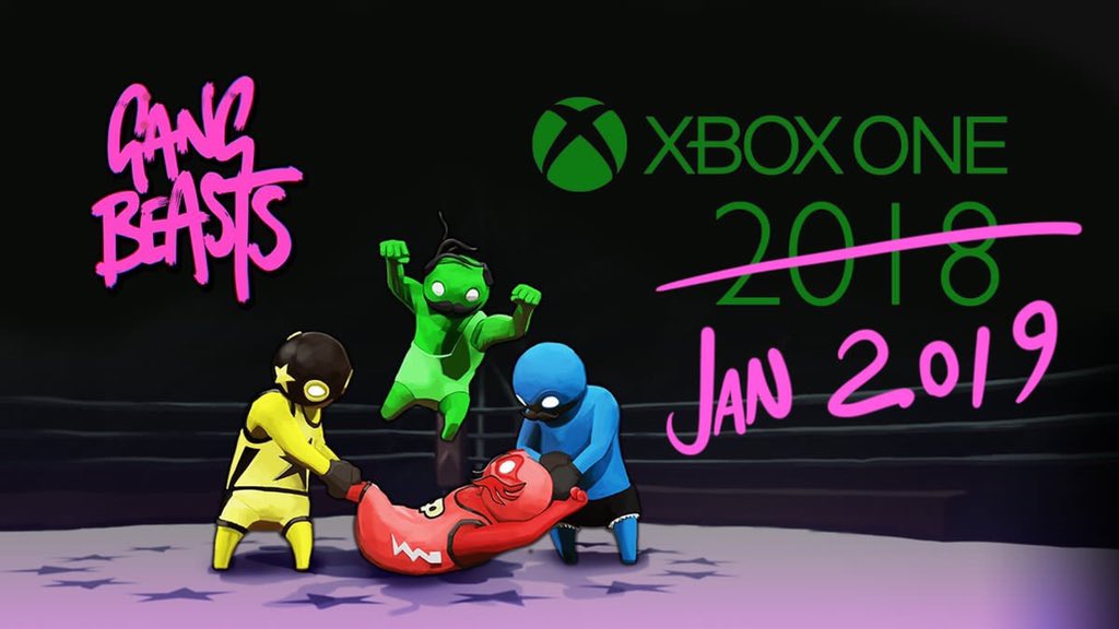 gangbeasts's tweet image. Wobble your gelatinous bodies with anticipation and mild dismay - Gang Beasts will launch on Xbox One Jan 23rd, with Pre-orders live Jan 9th at 20% off!

We came agonizingly close to launching in time for the festive break, sorry we didn’t quite make it. See you all in Jan 2019!