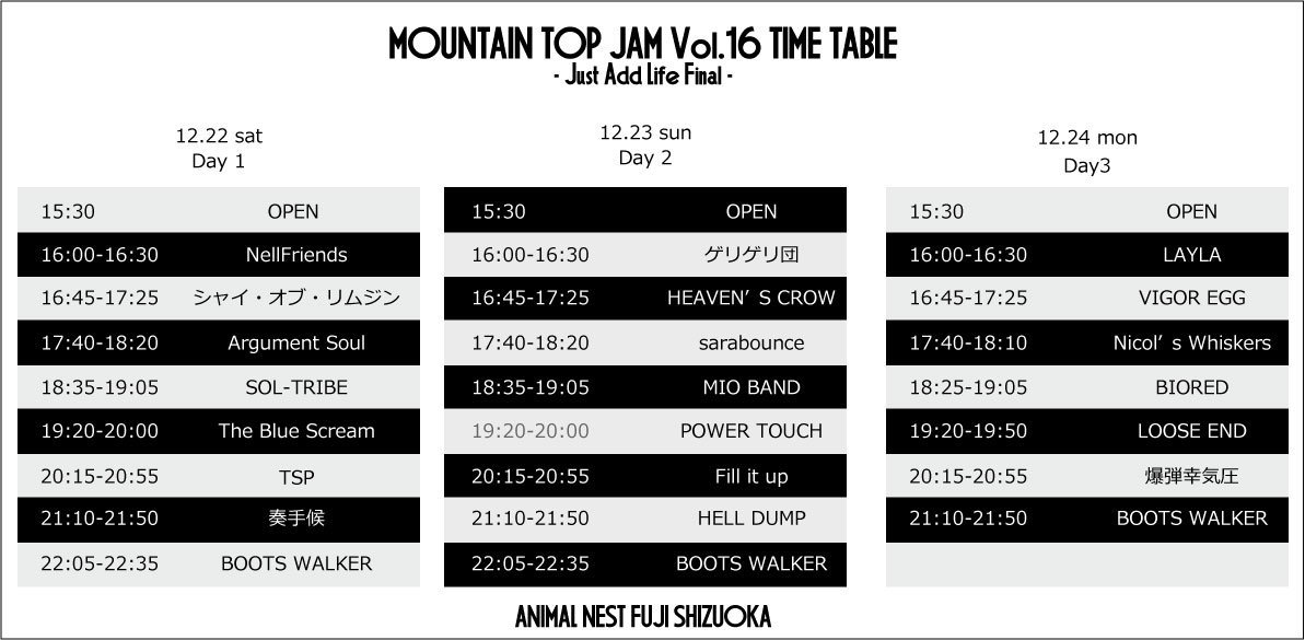 kimura_nel's tweet photo. 【本日2018/12/22🤗きてね。】
MOUNTAIN TOP JAM Vol.16 DAY 1
-Just Add Life Final-開場15:30 / 開演16:00¥3,000(1ドリンク¥500別途必要)中学生以下ドリン¥300のみ入場無料
#TSP
#奏手候
#TheBlueScream
#Argumentsoul
#シャイ・オブ・リムジン
#SOLTRIBE
#NellFriends
#BOOTSWALKER https://t.co/K85GG4PKbt