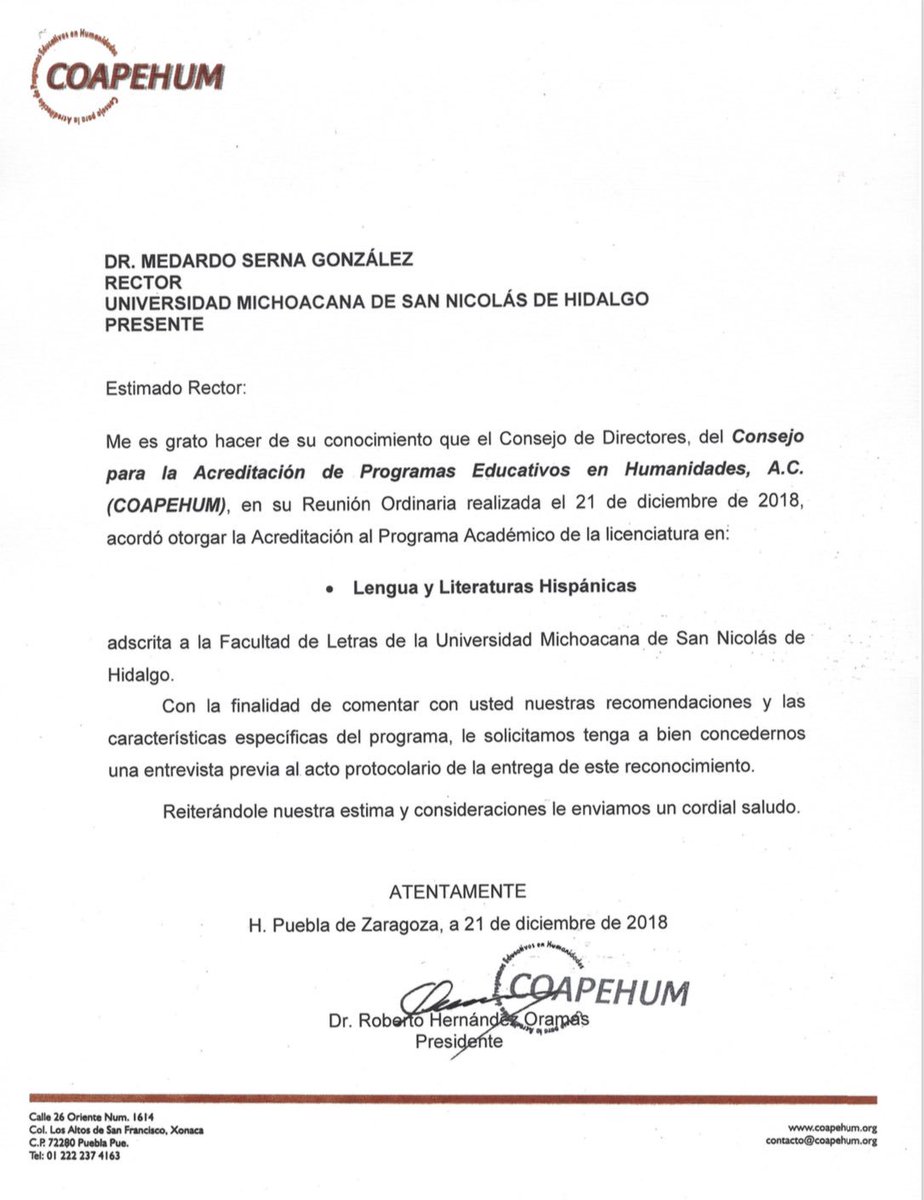 MedardoSernaG's tweet photo. El programa académico de la Licenciatura en Lengua y Literaturas Hispánicas que oferta la Facultad de Letras de nuestra Universidad Michoacana, ha sido acreditado por el COAPEHUM. Felicito a la comunidad de esa dependencia nicolaita.
¡Otro logro académico de la Casa de Hidalgo! https://t.co/xvpX6U6ZWu