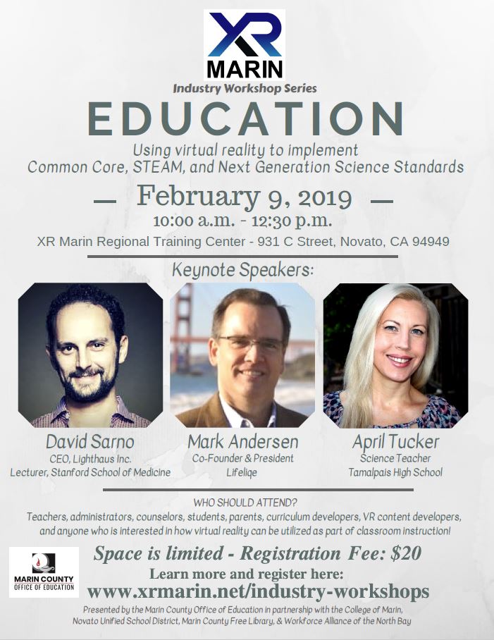 #XRMarin #Education Workshop, February 9 in #Novato. Learn how #virtualreality will change education, helping #teachers innovate while covering #NGSS, #CommonCore, & #STEAM standards! Register at xrmarin.net/industry-works… @thevrara @dsarno @MarkAndersen @MarinebioTeach #XRinEDU #XR