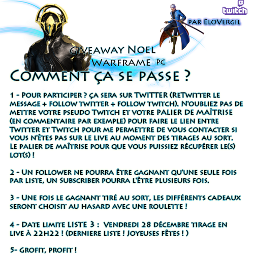 EloVergil's tweet image. La liste 3 arrive et c'est la dernière ! Bravo aux gagnants de la liste 2.
Joyeuses fêtes à tous ! 
Vous avez jusque vendredi 28 ! DERNIER TIRAGE ! 
Pour participer ?
▶️FOLLOW TWITTER 
▶️ FOLLOW TWITCH twitch.tv/elovergil 
▶️ RT ce message !
Bonne chance !