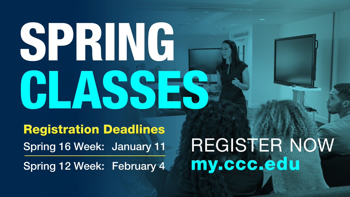 ChiCityColleges's tweet photo. The new year is quickly approaching! Start your year off right by enrolling in spring classes. You can register online at https://t.co/tcgBi2XSXc or in person at your college.

Register for 16-week classes by January 11. See you in class! #EnrollCCC https://t.co/Wcyy9qLPXs
