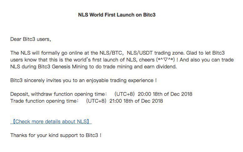 The moment we’ve all been waiting for! NLS token is officially available for trading on Bitc3 Exchange👏🏼 Listing on the Exchanges is just a small step to progressive development of financial ecosystem of the future!💫
To start trading NLS token go to
bitc3.com