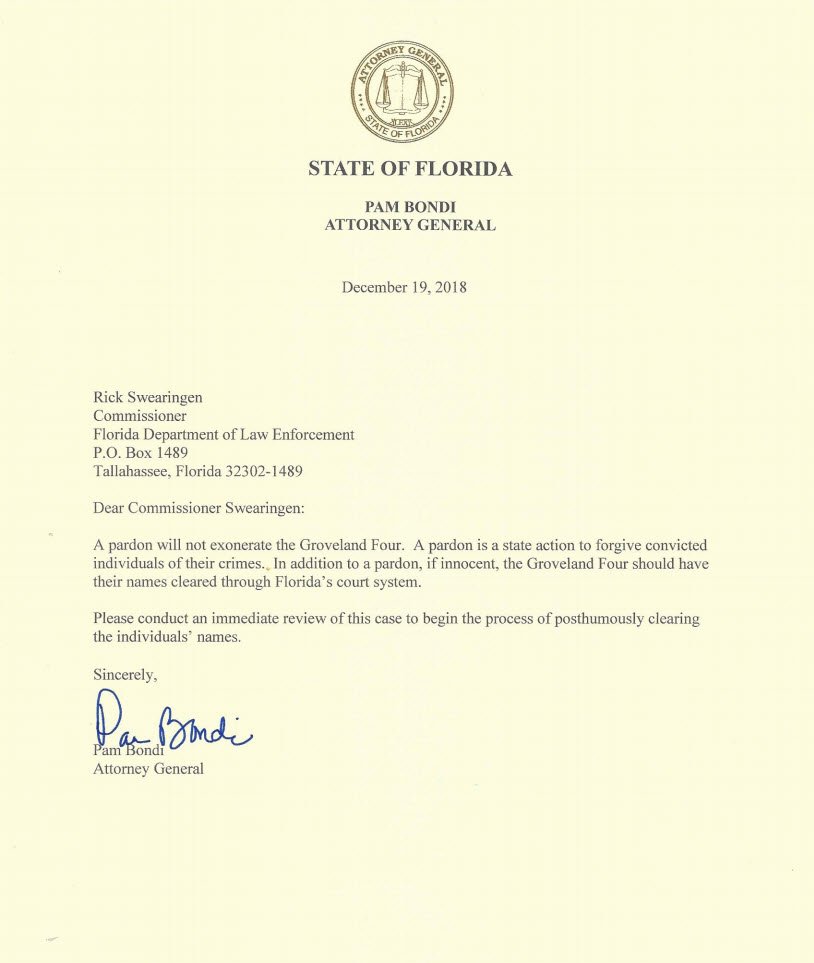 A pardon will not exonerate the Groveland Four. A pardon is a state action to forgive convicted individuals. In addition to a pardon, if innocent, the Groveland Four should have their names cleared through the courts. I'm asking FDLE to review this case: myfloridalegal.com/webfiles.nsf/W…