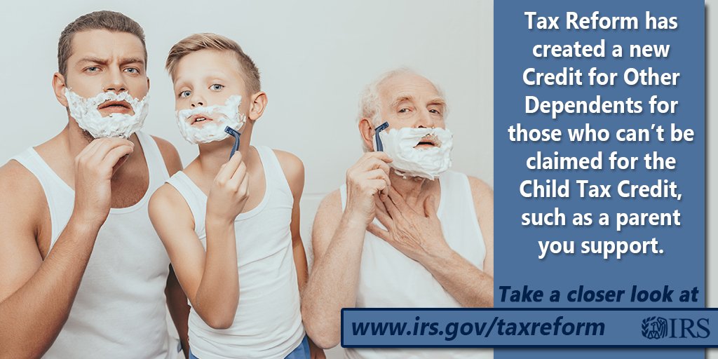 IRSnews's tweet image. If you’re supporting a parent, #TaxReform established a new tax Credit for Other Dependents that may affect you. #BeTaxReady learning more at go.usa.gov/xPvRb #IRS
