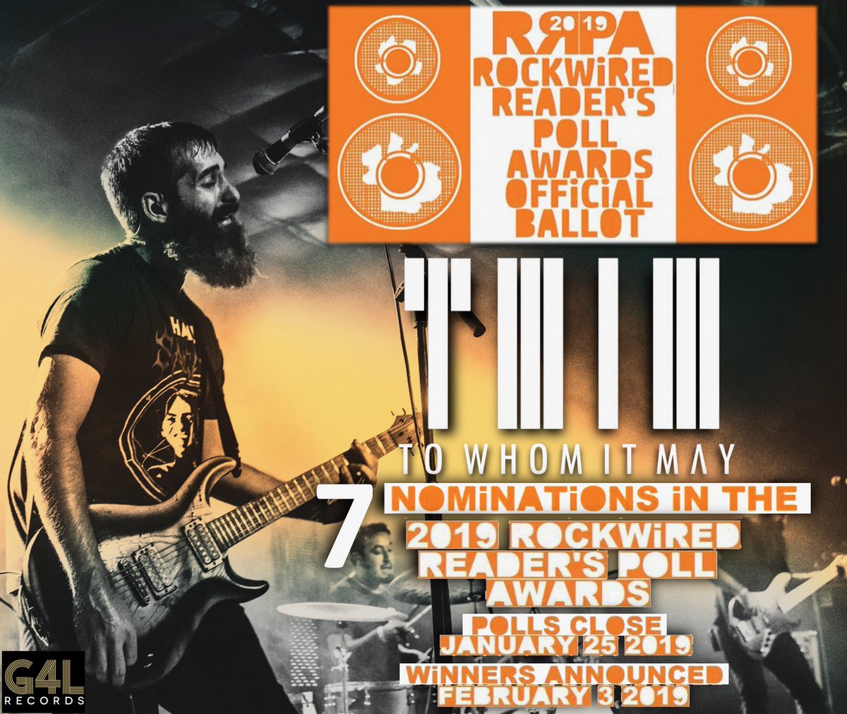 ToWhomItMayBand's tweet image. Pleased to announce that To Whom it May received SEVEN nominations for the 2019 ROCKWiRED MAGAZiNE Reader's Poll Awards! Place your votes for all the categories listed at the link below until January 25, 2019. SHARE this post for your friends to vote too!
rockwired.com/2019RRPABallot…