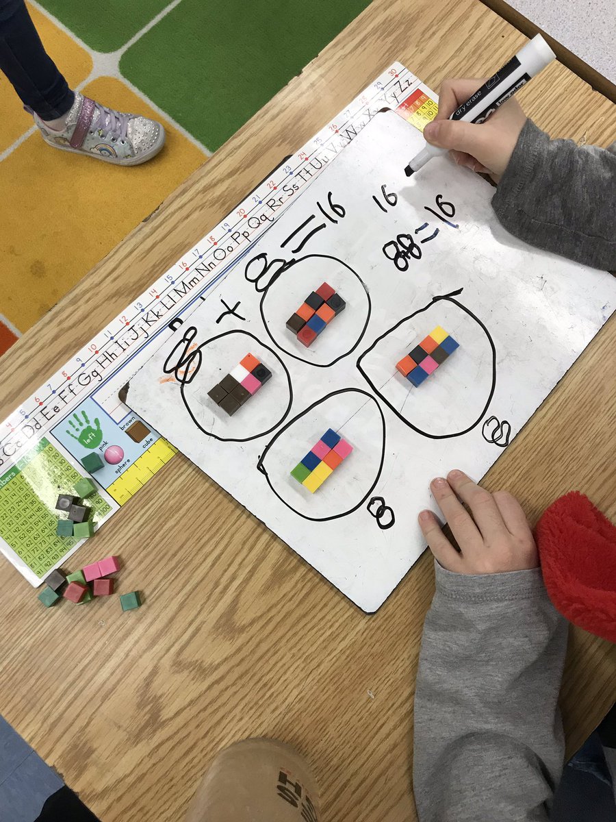 Tall_Teacher1's tweet image. Problem solving with a variety of math tools and strategies. “Mrs B it has lots of double facts! I could count by 2’s or 4’s.” “I can do 8+8 bc I put two reindeer together with two more and then I do that again”  #cbemath