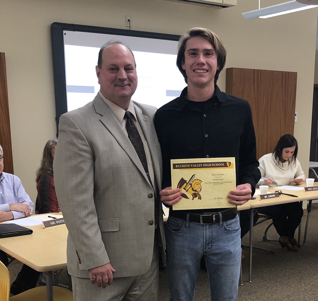 BV_Barons's tweet photo. Tonight BV BOE recognizes  Bryce Dawson for a perfect score on the American History Exam.  The Barons are proud of your accomplishment! https://t.co/UuxE9TkONG