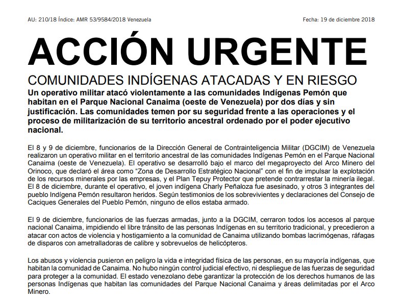 amnistia's tweet image. Amnistía Internacional lanza #AcciónUrgente mundial en contra de ataques militares hacia las comunidades Indígenas Pemón en #Venezuela 

Temen por su seguridad frente a las operaciones y el proceso de militarización de su territorio

link.aiven.org/pemon
