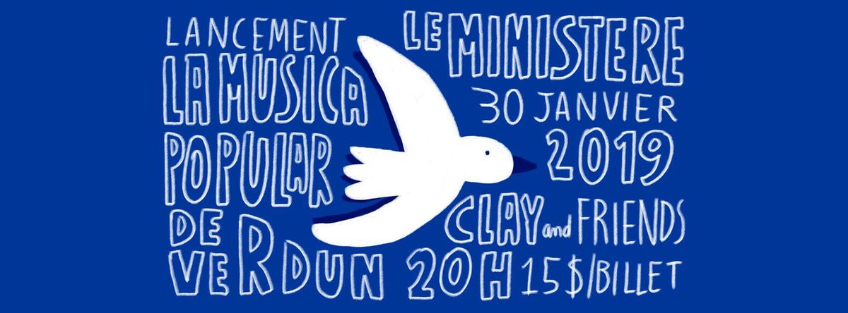 Clay and Friends (@clayfriendsmtl) on Twitter photo Lancement du projet « La Musica Popular De Verdun » le mercredi 30 janvier 2019 à <a href="/leministere_ca/">Le Ministere</a> de Montréal.
Billetterie : lepointdevente.com/billets/mns190… Lancement du projet « La Musica Popular De Verdun » le mercredi 30 janvier 2019 à <a href="/leministere_ca/">Le Ministere</a> de Montréal.
Billetterie : lepointdevente.com/billets/mns190…