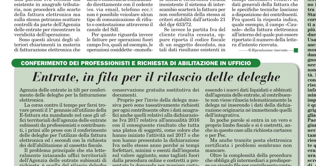 Mandolesi_Giu's tweet image. #fatturaelettronica: Agenzia delle entrate in tilt

Tra la follia del rilascio cartaceo delle deleghe, la PEC intasata e il portale Fatture e Corrispettivi che funziona a singhiozzo è CAOS...

...e il 1 gennaio si avvicina

Il mio articolo su @ItaliaOggi