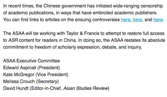 jleibold's tweet photo. Deeply disappointed @AsianStudiesRev is no longer available in China &amp; its publisher Taylor &amp; Francis Group lacks the spine to push back &amp; come clean about the articles censors find objectionable. Publishers must resist efforts to pick &amp; choose content in China: all or nothing https://t.co/QfmZXAo3Hl