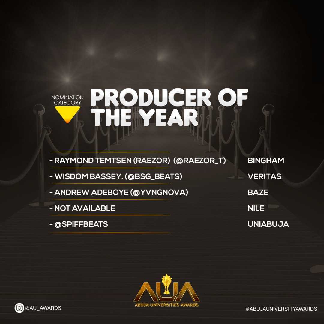 au_awards's tweet photo. Category: Producer of the Year!
January, 2019!
Voting Commences Soon!!
Tag them, if you know them!!
#KeepGirlsInSchool
#AUAwards
#AUACampaign
#VipAccessNigeria https://t.co/2kOmCDY2kJ https://t.co/l00kqos0D2