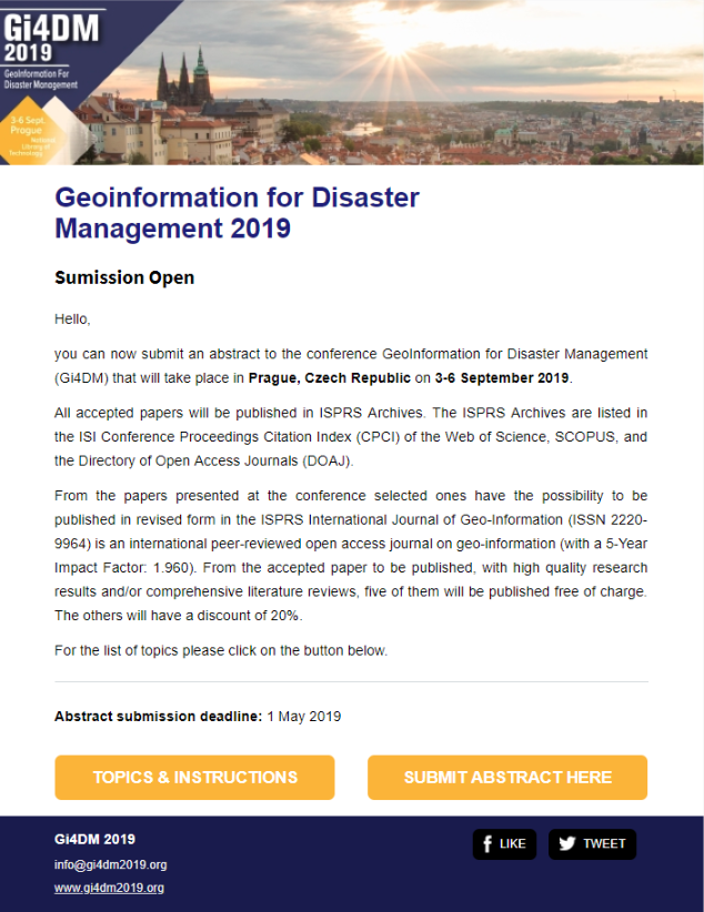 ISPRS_IJGI's tweet photo. The conference GeoInformation for Disaster Management (#Gi4DM) that will take place in Prague, Czech Republic on 3-6 September 2019. Conference website 👉https://t.co/Z4xOdruw0k
#disaster
#vulnerabilitymaps
#riskmaps https://t.co/eZc0LVOJNA
