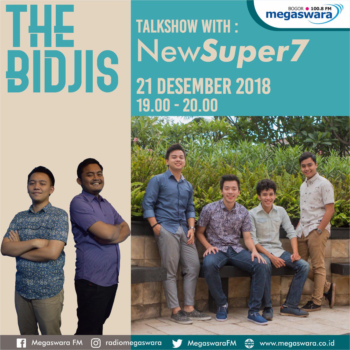 howdy everyone!!! #newsuper7 will be doing an on-air talkshow with #thebidjis tomorrow (21 dec 2018, starts from 19:00 WIB) at <a href="/MegaswaraFM/">Radio Megaswara FM</a> 100.8 fm bogor! ayo dengerin #ns7 bareng2! pasang radio nya dan stay tuned ya✌️