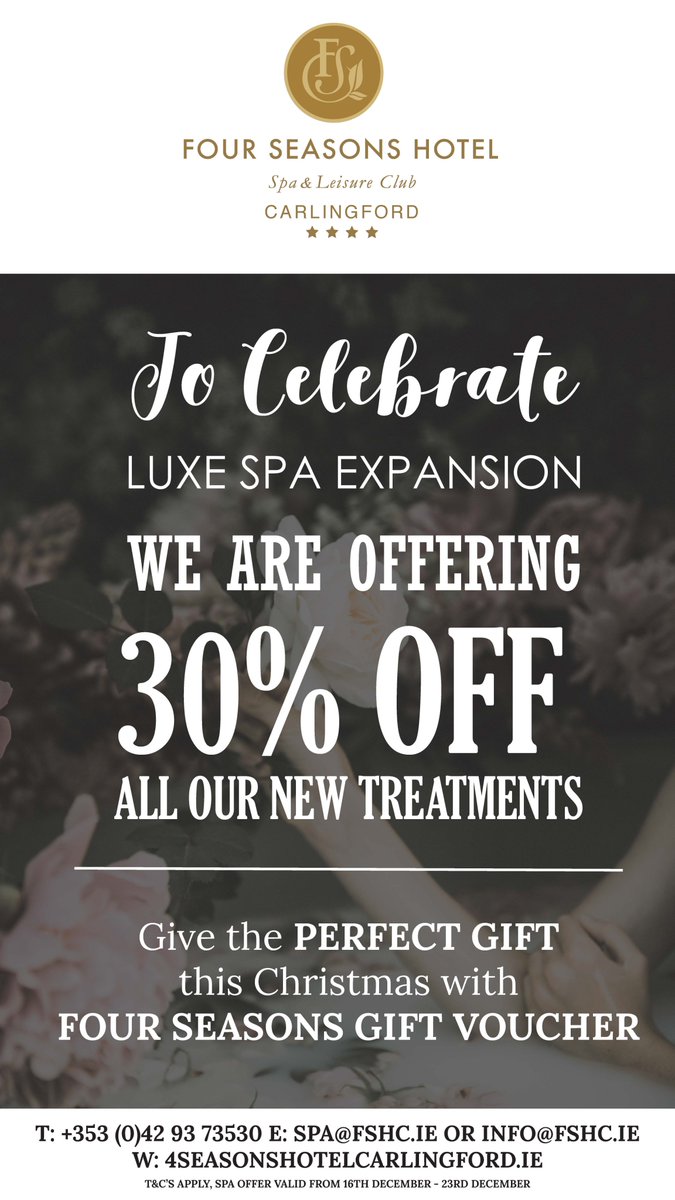 <a href="/fourseasonscarl/">Seasons Carlingford</a> Luxe Spa have a great offer with 30% all their New Treatments until Dec 23rd! Why not pop in and start the holidays with a relaxing treatment! 
#Carlingford #FourSeasons #Spa #Treatments #booknow #discount
