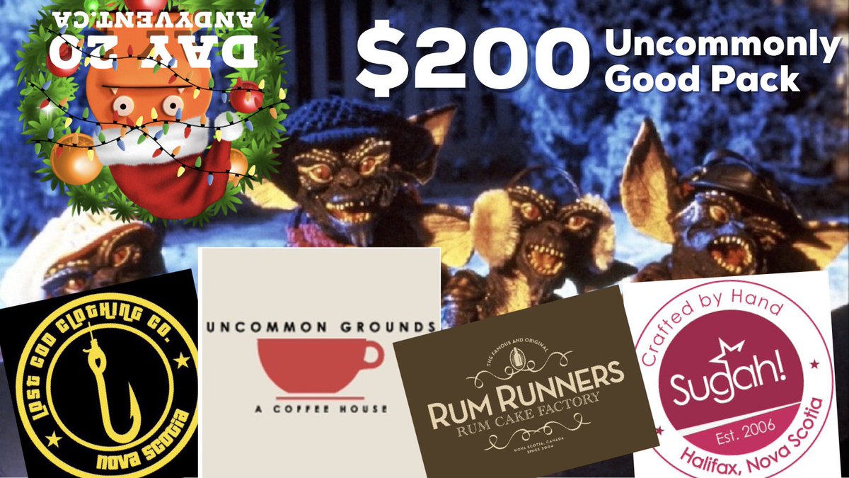 DAY 20 🎅🏻
$200 Uncommonly Good Pack from <a href="/SugahHFX/">Sugah Halifax</a> <a href="/UncommonHfx/">UncommonGrounds</a> <a href="/rumrunnersns/">Rum Runners Rum Cake</a> &amp; @LostCod 
LESS THAN 4 DAYS LEFT TO DONATE AND QUALIFY!
Details at AndyVent.ca
$5=1 entry for chance to win entire Calendar ($6500 value) or 2 Runner Ups in support of @feednovascotia
