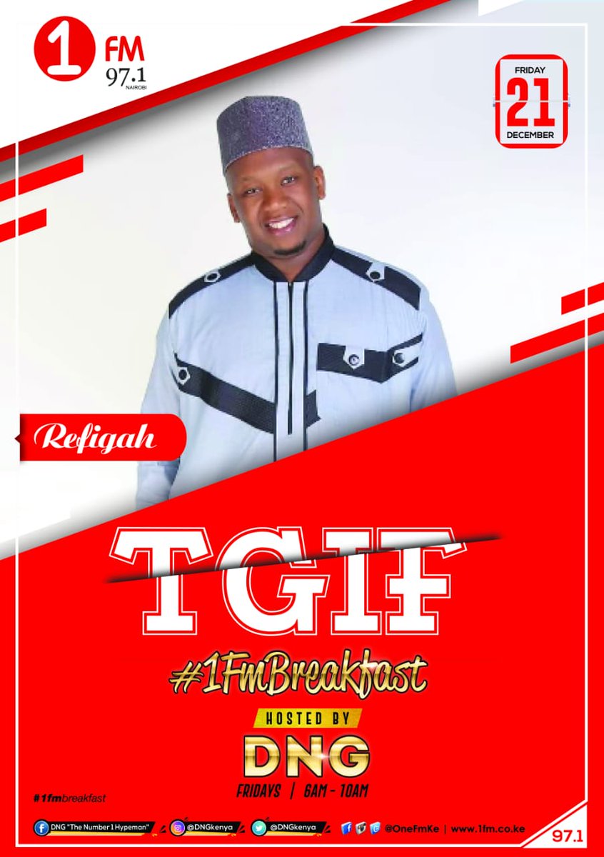 Refigah_'s tweet photo. Catch Showbiz think tank Refigah heviweit this friday 21st live on #1FMBreakfast #HostedByDNG
@DNGKenya @EugeneLWamalwa @RichardMunang @NubianSouk @DrAhmedKalebi @okothkenneth @kibagendi @wilbrodanyamin @EstherPassaris @RazAthman @SDEKenya @MpashoNews https://t.co/PJS0XkBCnk