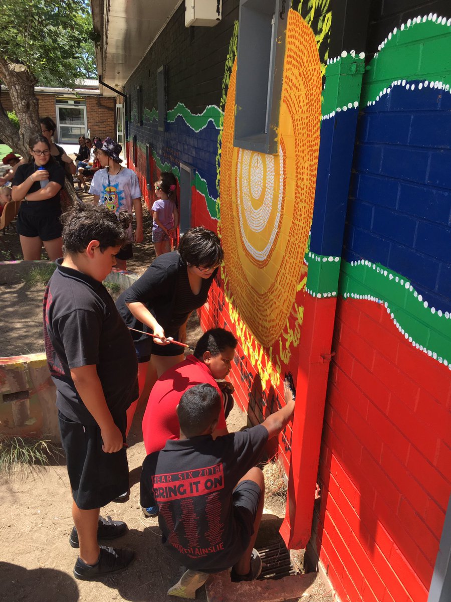 LowreyDeborah's tweet photo. So proud of our NAPS indigenous students and our Community Indigenous Mural. 600+ kids,families &amp; staff contributed. 2 terms of researching, design and painting with our Koori artists @jakkikenney and @elinorarcher #northainslieprimary #ACTpubliceducation #culturalintegrity https://t.co/A2w6vMv7Ya