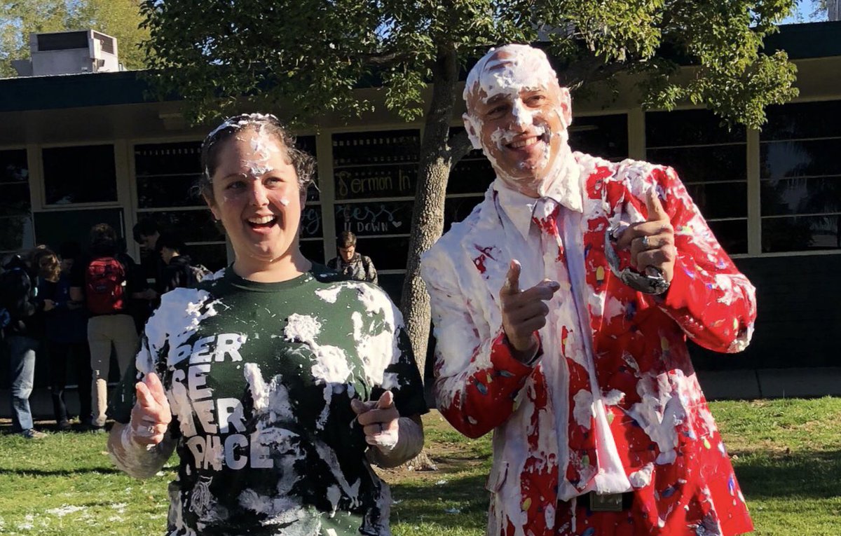BHSBearcats1's tweet photo. 32 pies thrown at you is a small price to pay for our students donating over $1,800 to Paradise High School and over 500 toys to City of Hope Hospital.  Giving is better than receiving. #proudbearcats https://t.co/1TmbmQ9UIz