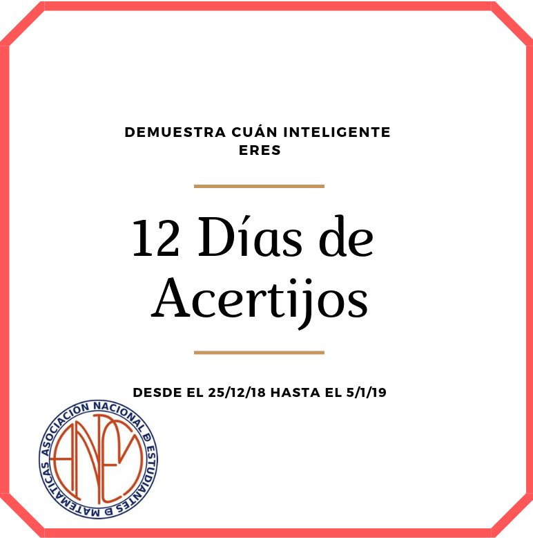Asociación Nacional de Estudiantes de Matemáticas (@anem_mat) on Twitter photo Buenos días a todos! 
Echabais de menos nuestros juegos de ingenio? Atentos a lo que os tenemos preparado para Navidad:
Bases del concurso aquí 👇👇👇👇👇 Buenos días a todos! 
Echabais de menos nuestros juegos de ingenio? Atentos a lo que os tenemos preparado para Navidad:
Bases del concurso aquí 👇👇👇👇👇