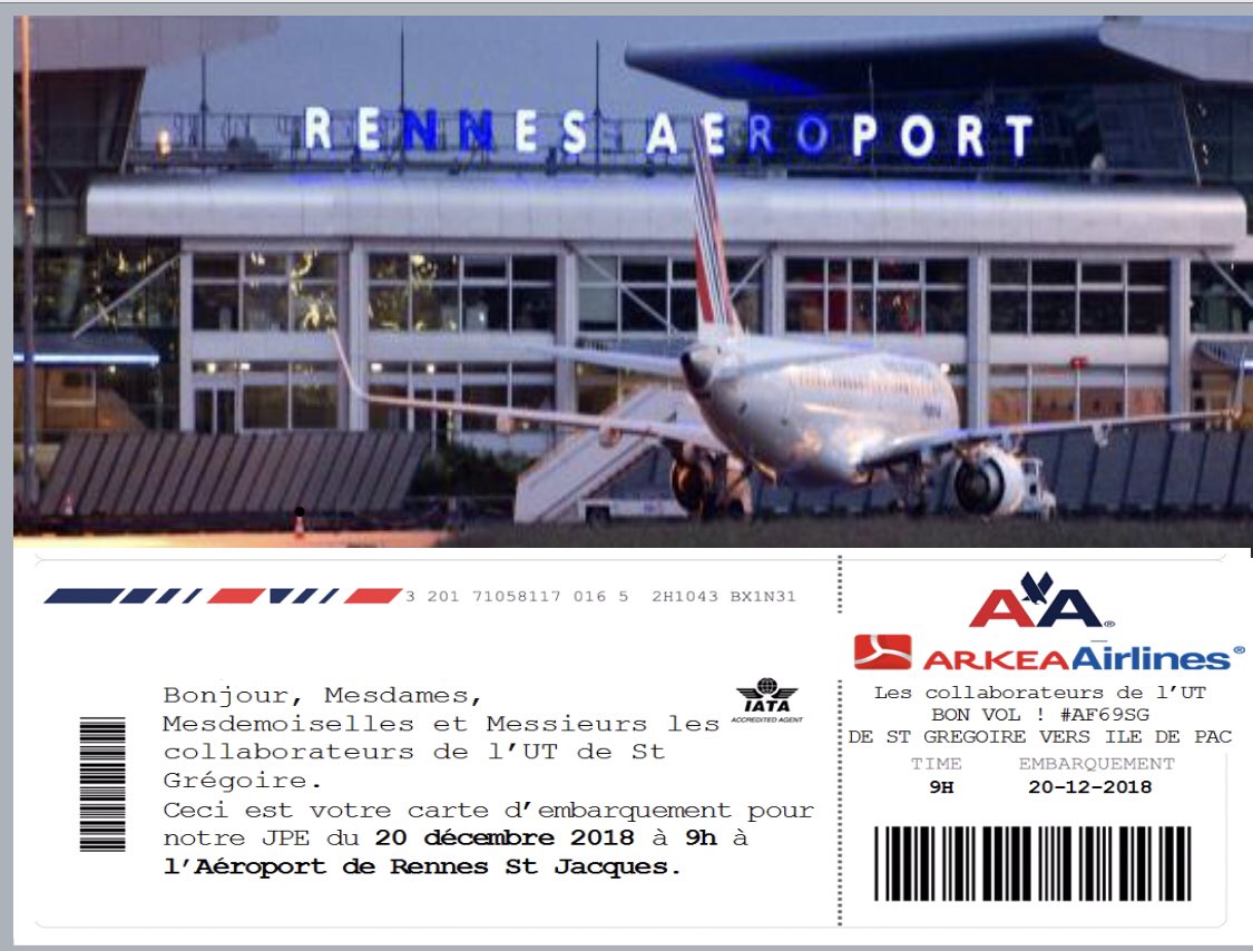 L’UT de St Gregoire en mode avion s’apprête à embarquer pour sa JPE! Destination 2019! Merci Aéroport de Rennes Bretagne pour l’accueil! #JPE <a href="/WeAreArkea/">WAA|Actus</a> <a href="/CMB_DD35/">Crédit_Mutuel_DD35</a>