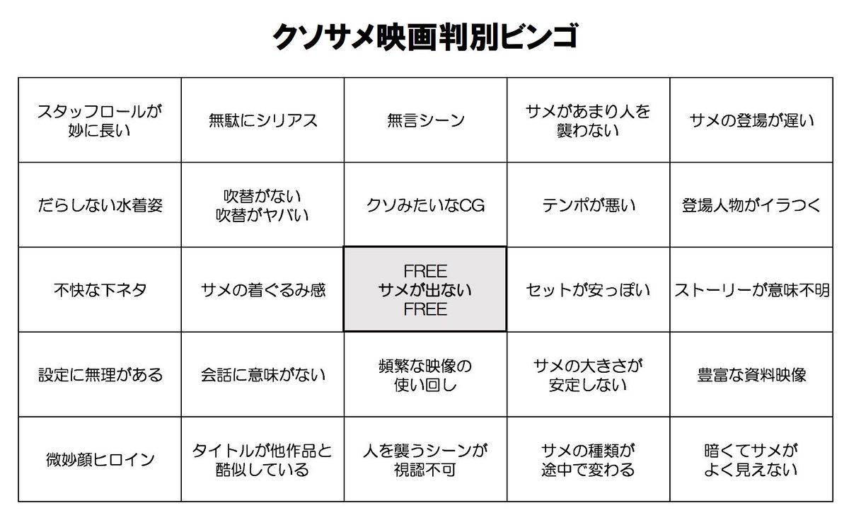サメ映画ルーキー Sur Twitter あれ もしかしてコレってクソサメ映画かも と感じた時にお使い下さい ビンゴならクソサメ映画です サメ映画ルーキー Sur Twitter あれ もしかしてコレってクソサメ映画かも と感じた時にお使い下さい ビンゴならクソサメ映画です