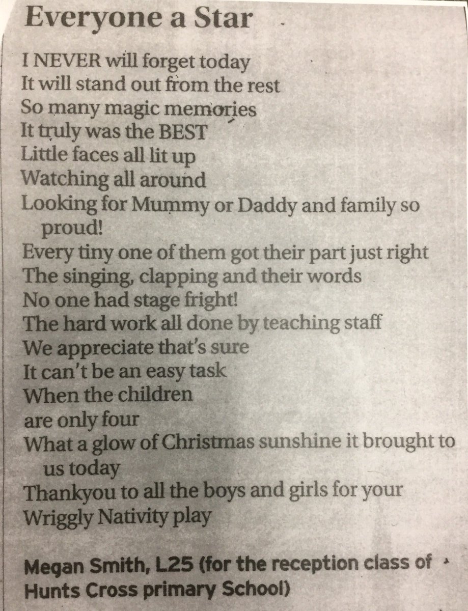 A poem published in the Liverpool echo this week, written by a grandmother of a child in Reception after watching their nativity last week #proudmoments #everyoneastar #christmasshow