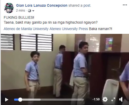 GLOCOgaming's tweet image. ATTENTION ATENEO,

I just watched a friggin BULLYING VIDEO from alleged students ng highschool nyo. Very disturbing stuff! I do hope you guys have caught wind of it and will deal appropriate disciplinary measures! EXPULSION is the LEAST you can do.