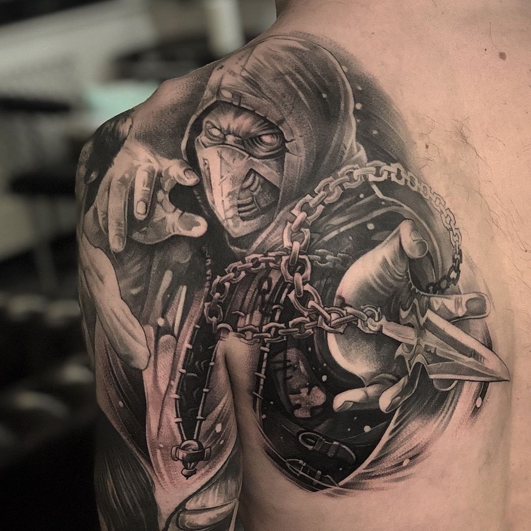 Realistic Mortal Kombats Scorpion portrait tattoo on