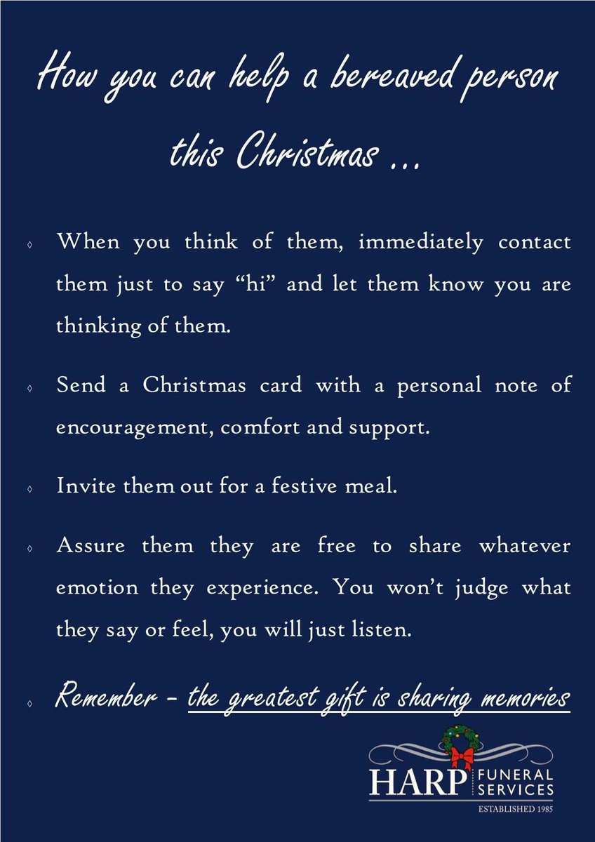 HARPFunerals's tweet photo. I’m sure we all know somebody who is grieving. Here’s some ways you can help them this Christmas 💙

#HARPfunerals #CareWhenItMattersMost https://t.co/DvmmdoZZmR