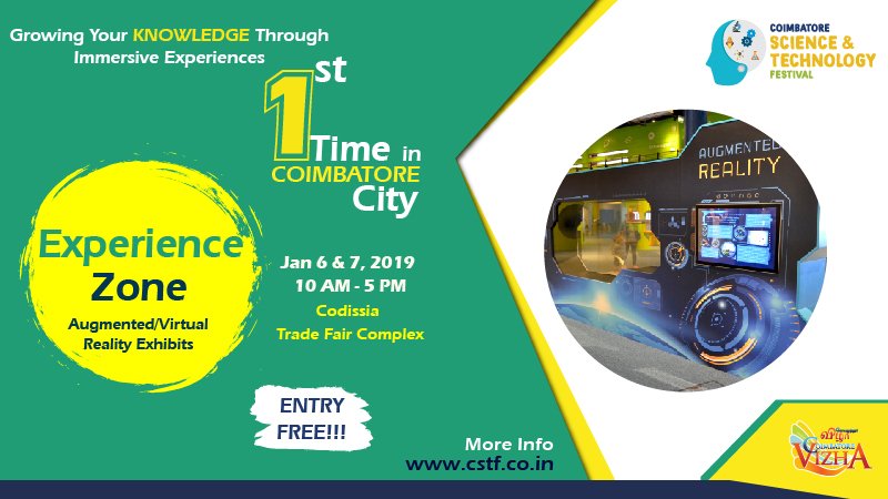 CSTFEvent's tweet image. FIRST Time in COIMBATORE City!!!

CSTF Experience Zone Are Designed To Accelerate Anyone&apos;s GROWTH, KNOWLEDGE &amp;amp; CONNECTIONS.

The Razzle-Dazzle of Fun &amp;amp; Cool Stuff.

Come &amp;amp; Get It.

SAVE The DATE.

6th &amp;amp; 7th Jan, 2019, 10 AM To 5 PM @ Codissia Trade Fair Complex

ENTRY FREE

#CSTF
