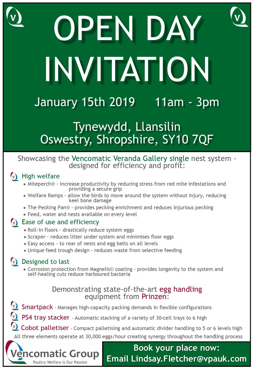 VencomaticUK's tweet photo. Have you made a New Year's Resolution to improve the wellbeing of your birds? Drop in to our open day on 15th Jan and see our #HigherWelfare Veranda Gallery nest and state of the art egg handling system. RSVP Lindsay.Fletcher@vpauk.com #HealthMeansWealth #PassionateAboutWelfare https://t.co/SlmlZugqW2