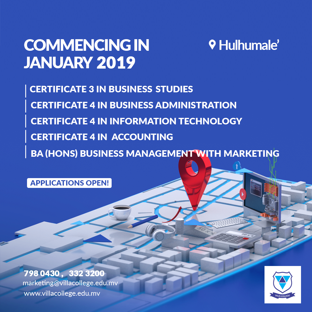 VillaCollegeMv's tweet photo. We are starting our programmes in Hulhuamale' this January!
So be sure to apply as soon as possible to be considered!
Transform your life with Villa College.
APPLY NOW!
#JanuaryIntake2019 #VillaCollegeHulhumale
For more information please contact 7980430 https://t.co/QjOwI3PqXZ