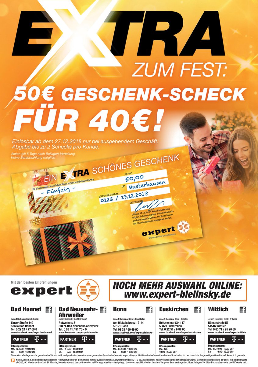 Expert Bielinsky Extra Zum Fest 50 Euro Geschenk Scheck Fur 40 Euro Aktion Gilt 5 e Nach Beilagen Verteilung Keine Barauszahlung Moglich Einlosbar Ab Dem 27 12 18 Nur Bei Ausgebendem Geschaft Abgabe Bis