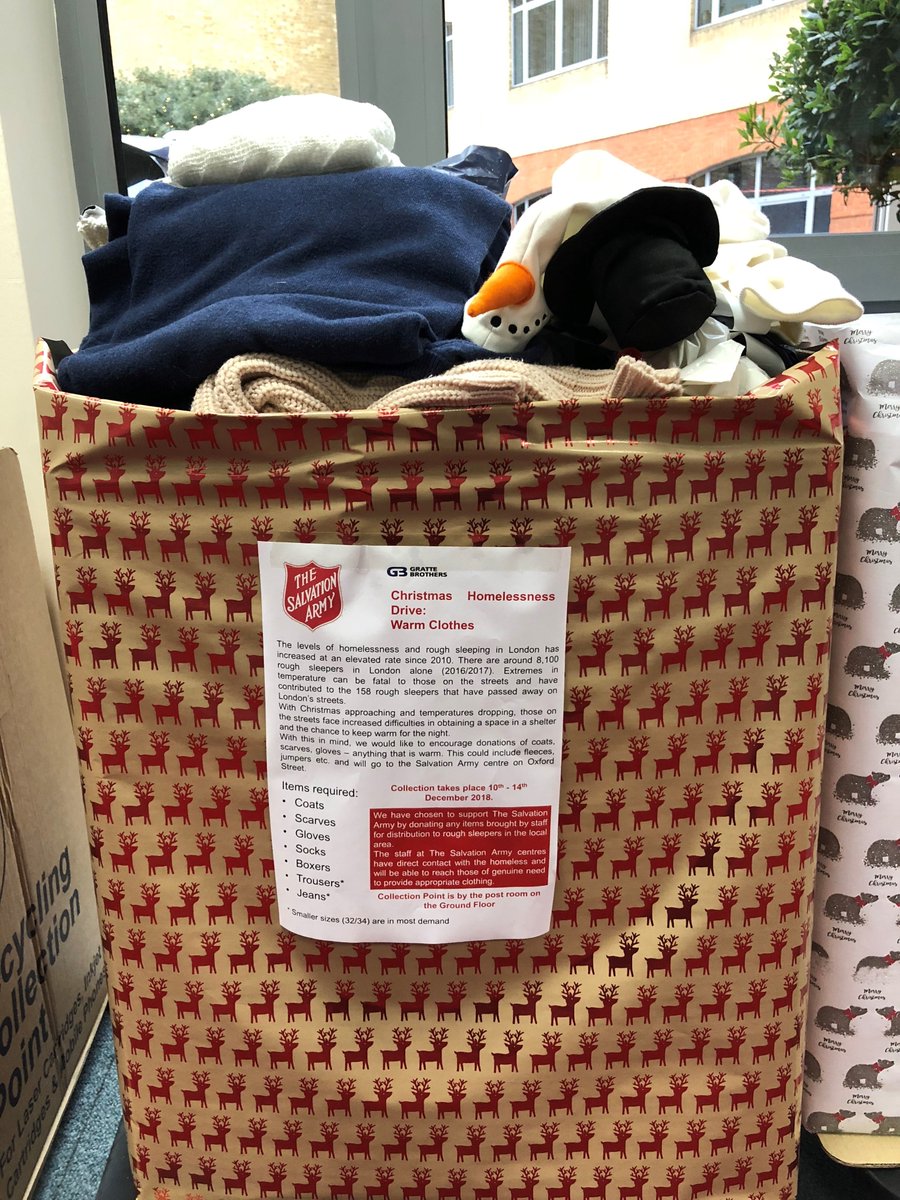 We've chosen to support <a href="/salvationarmy/">The Salvation Army</a> this year by donating items for distribution locally. We’ve seen levels of rough sleeping in London increase at an elevated rate and with Christmas approaching and temperatures dropping, we encourage everyone to help. #ThursdayThoughts
