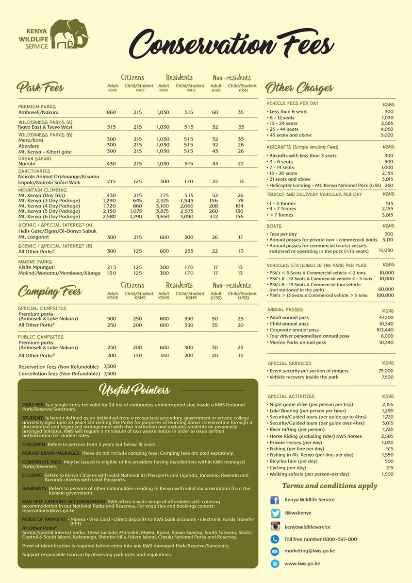 KWSKenya's tweet photo. Park entry fee for Lake Nakuru National Park, one of our two premium parks:
Citizen Adult = KES 860/-
Citizen Kid/Student = KES 215/-

For more details and info, please refer to attached rate card #TuwekeMpangoni https://t.co/TTA3fFKyd2