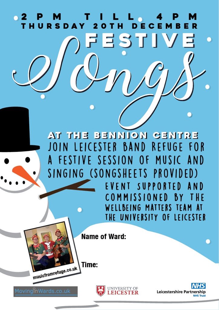 Heading to Bennion Centre <a href="/LPTnhs/">Leicestershire Partnership NHS Trust</a> for festive music sessions for patients carers and staff today on the mental health wards! TY to <a href="/Mimi_Nugget/">Dr Marie Nugent</a> <a href="/leicsparta/">Julian Harrison</a>   &amp; Karolin the #WellbeingMatters team <a href="/uniofleicester/">University of Leicester</a> for supporting these shows! Music is good for your Elf &amp; wellbeing !!